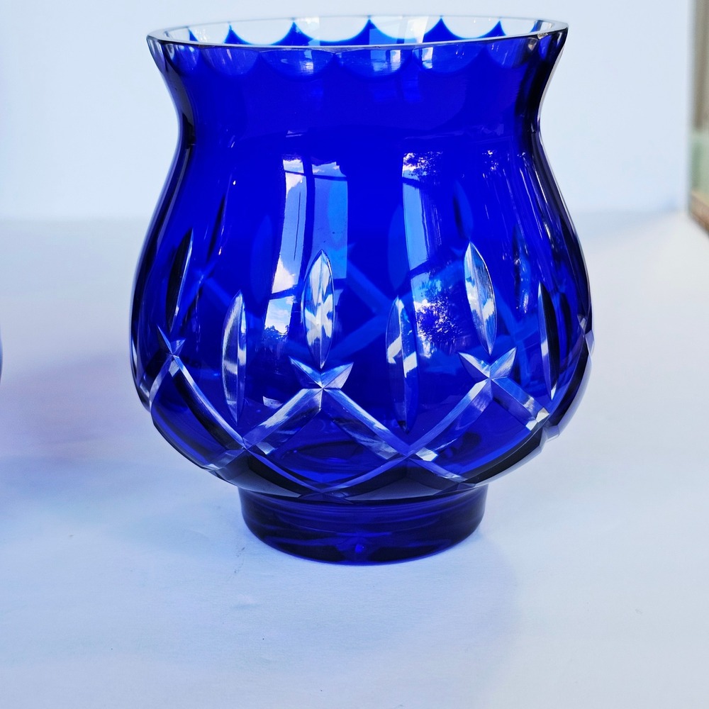 Cobalt Blue Cut to Clear Crystal Hurricane Vase Scalloped Starburst Decor